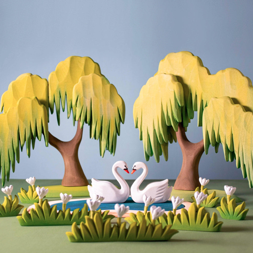 Trefigur Håndlaget Tre Liten Gress Hvite Blomster Bumbu Toys